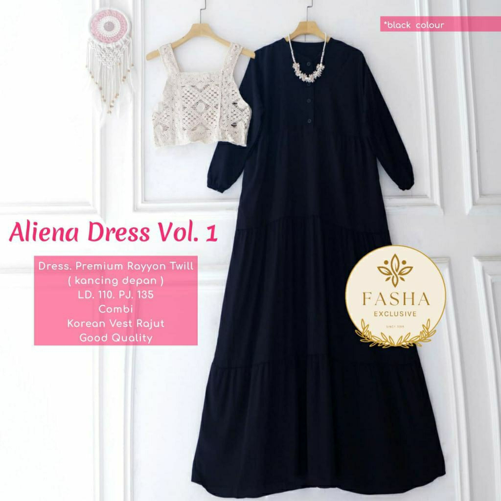 Aliena dress kids gamis rayon twill polos anak remaja (outer+rajut)