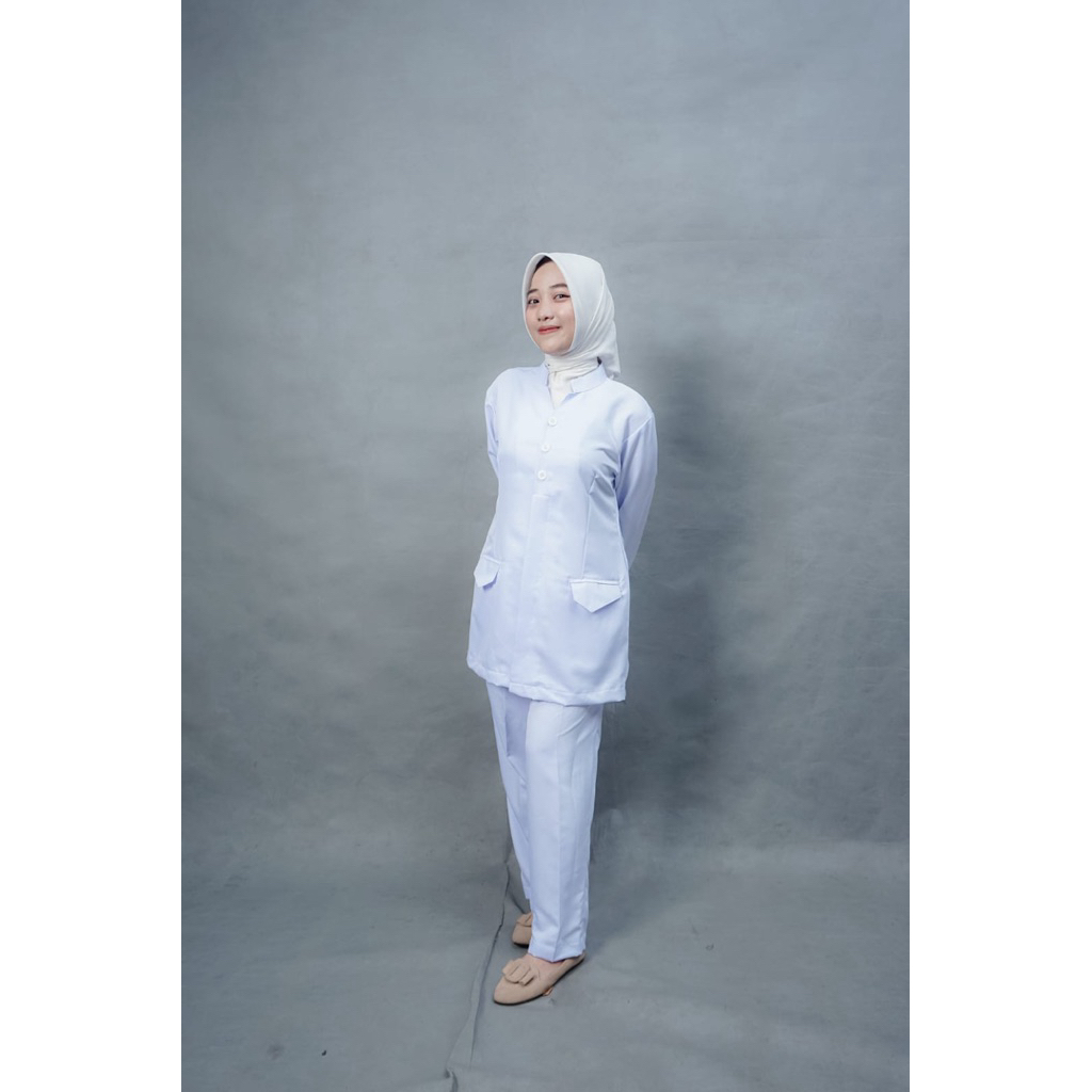 Baju Dinas Kesehatan Wanita Lengan Panjang/Baju Perawat dan Suster Putih/Setelan Celana Panjang Dina