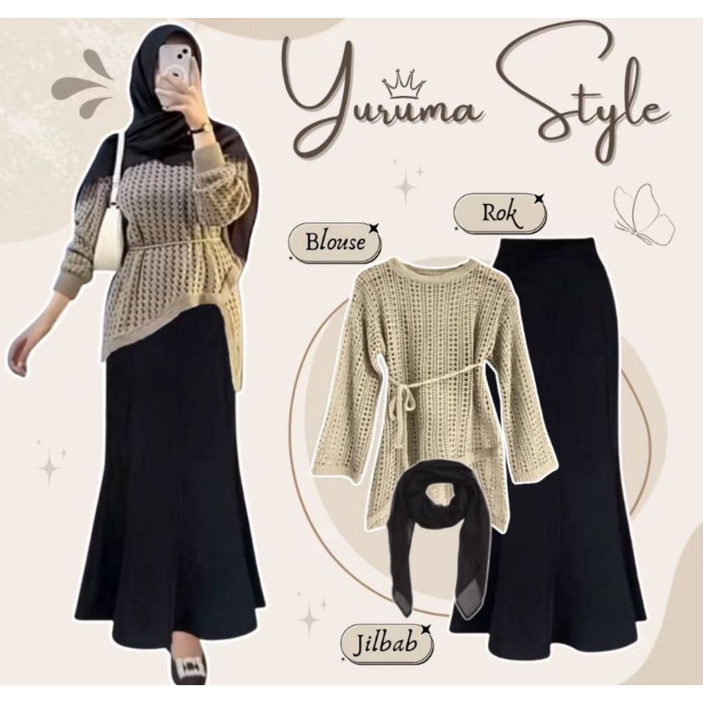 One Set Nongkrong Simple Remaja Kekinian / One Set Wanita / Blouse + Hijab + Rok Duyung  / Setelan W