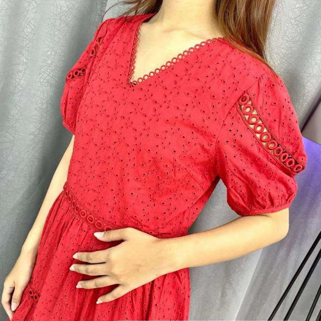 686864 | DRESS KATUN BORDIR PREMIUM NO STRETCH LENGAN PENDEK MERAH PUTIH