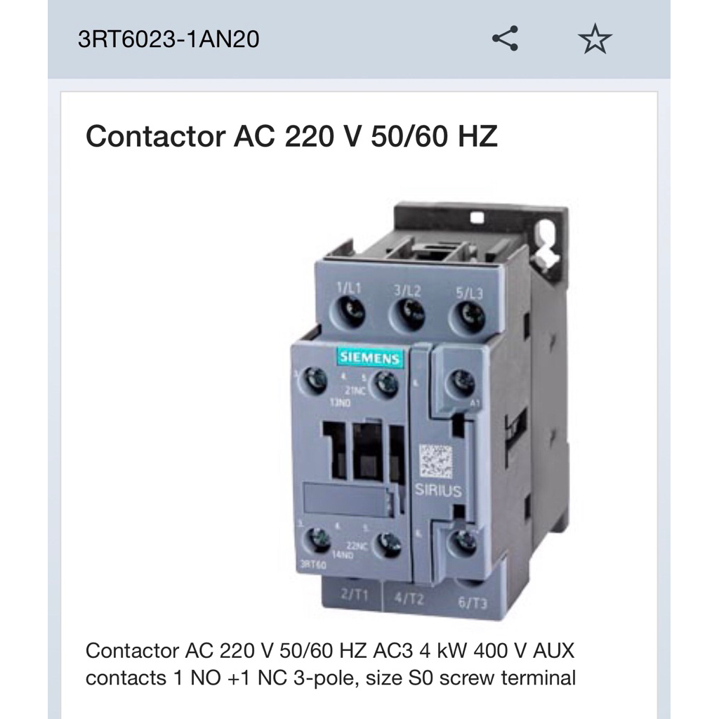 Siemens Contactor 3RT6023-1A..