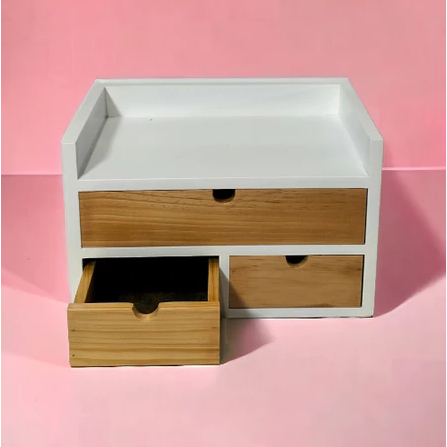 Rak Kosmetik Kayu 3 Susun Laci Serbaguna Rak Skincare Tempat Make Up Desk Organizer Meja