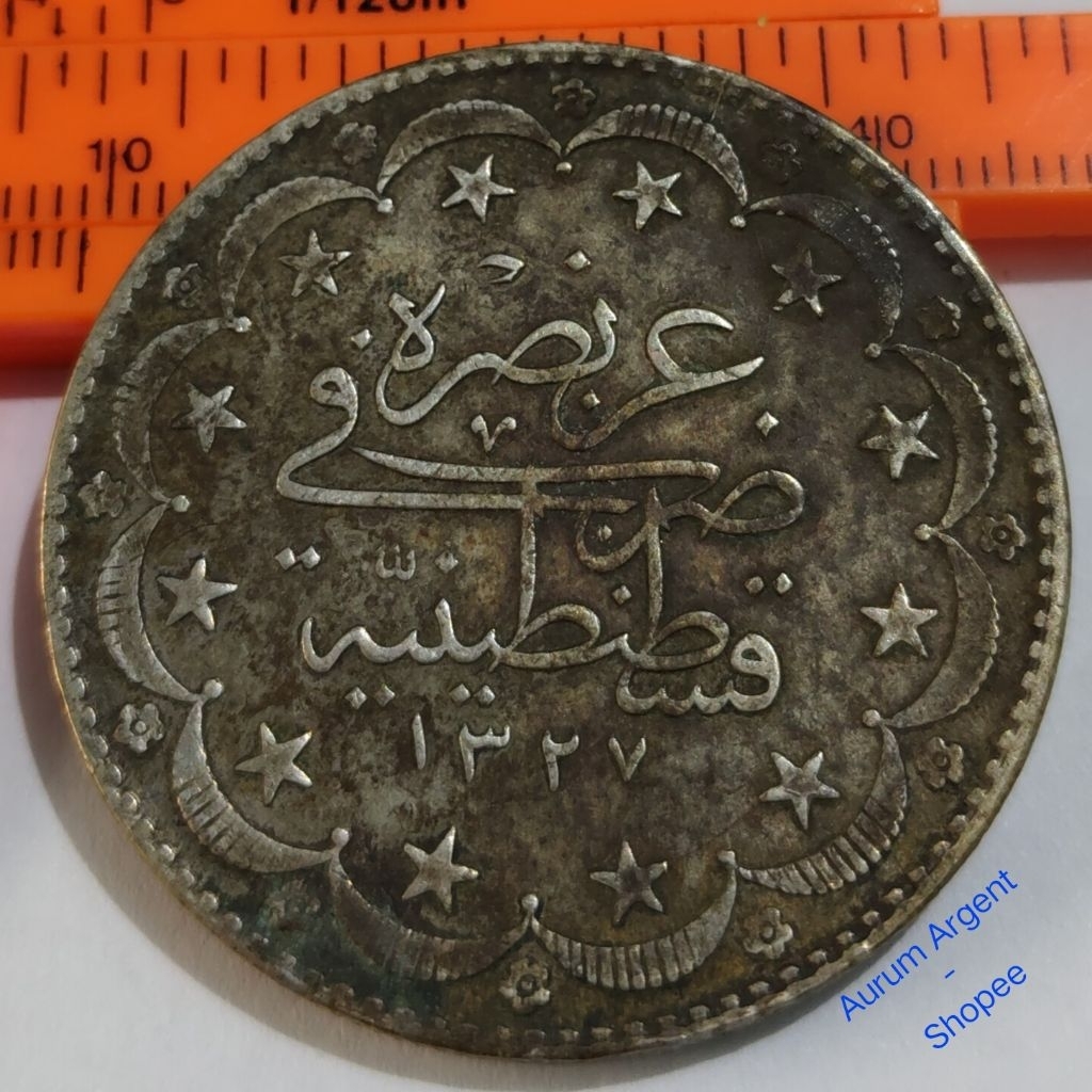 AB.82-- 1 PC KOIN PERAK KUNO ASLI 20 KURUSH KEKAISARAN OTTOMAN - SULTAN MUHAMMAD-V TH 1917. -- SILVE