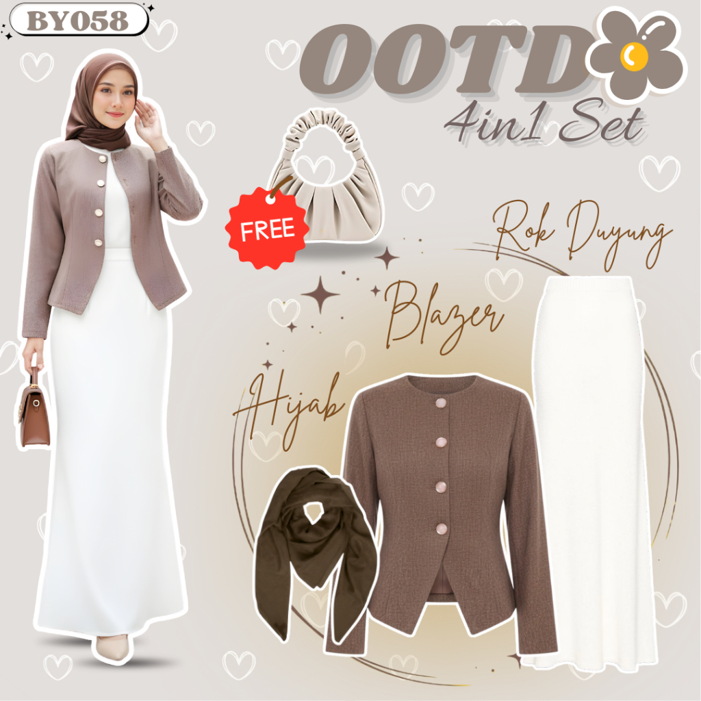 Set Wanita Hijab Kekinian | Blazer Wanita Korean Look | Rok Duyung Putih | Hijab Mahogany | BY058