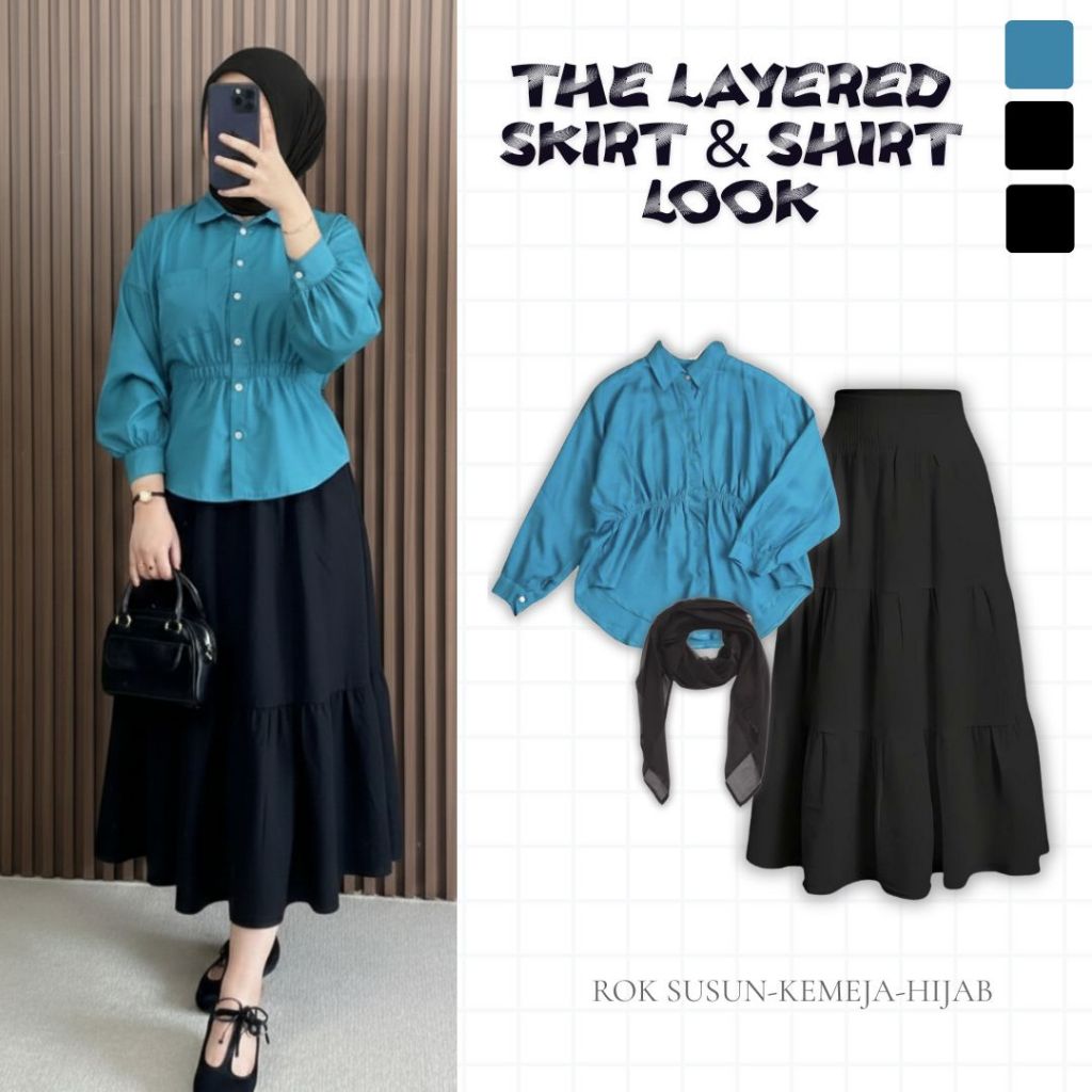 Setelan Wanita Kekinian| Rok Susun-Kemeja Alya-Hijab Segiempat| otd Look Wanita Elegan