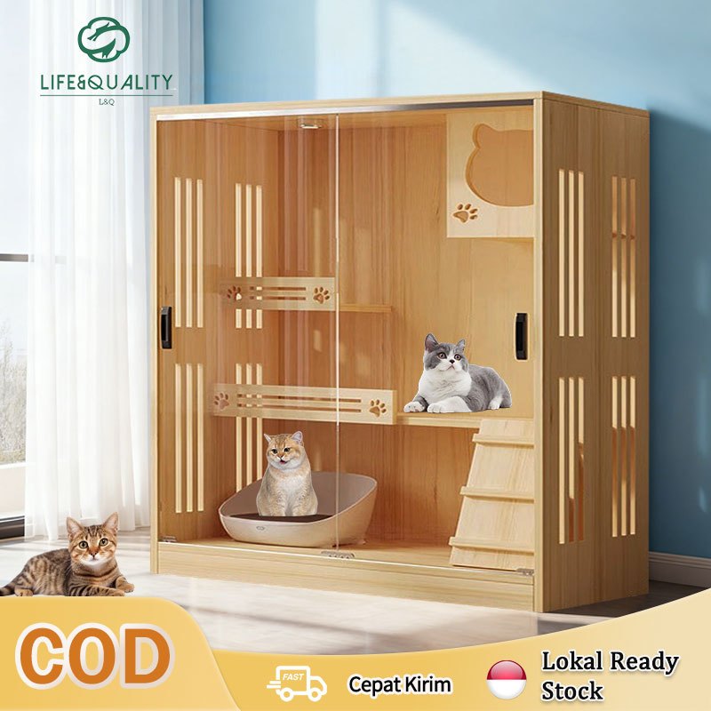 L&Q Kandang rumah kucing tahan gores rumah kucing kayu rumah kucing vila kandang Pintu kaca kayu sol
