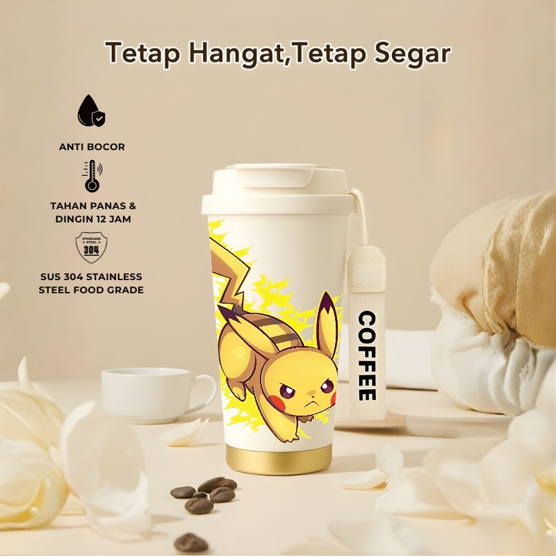 Tumbler Tikus Pikachu Ekor Petir Pokemon 500ml Stainless Steel 316 Sedotan Portable Botol Minum Aest
