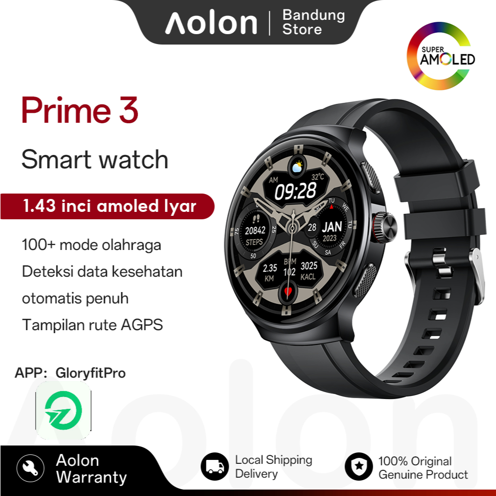 Aolon Prime 3 AMOLED lyar Smartwatch 100+ mode olahraga sportWatch Menampilkan pace • AGPS bantu pel