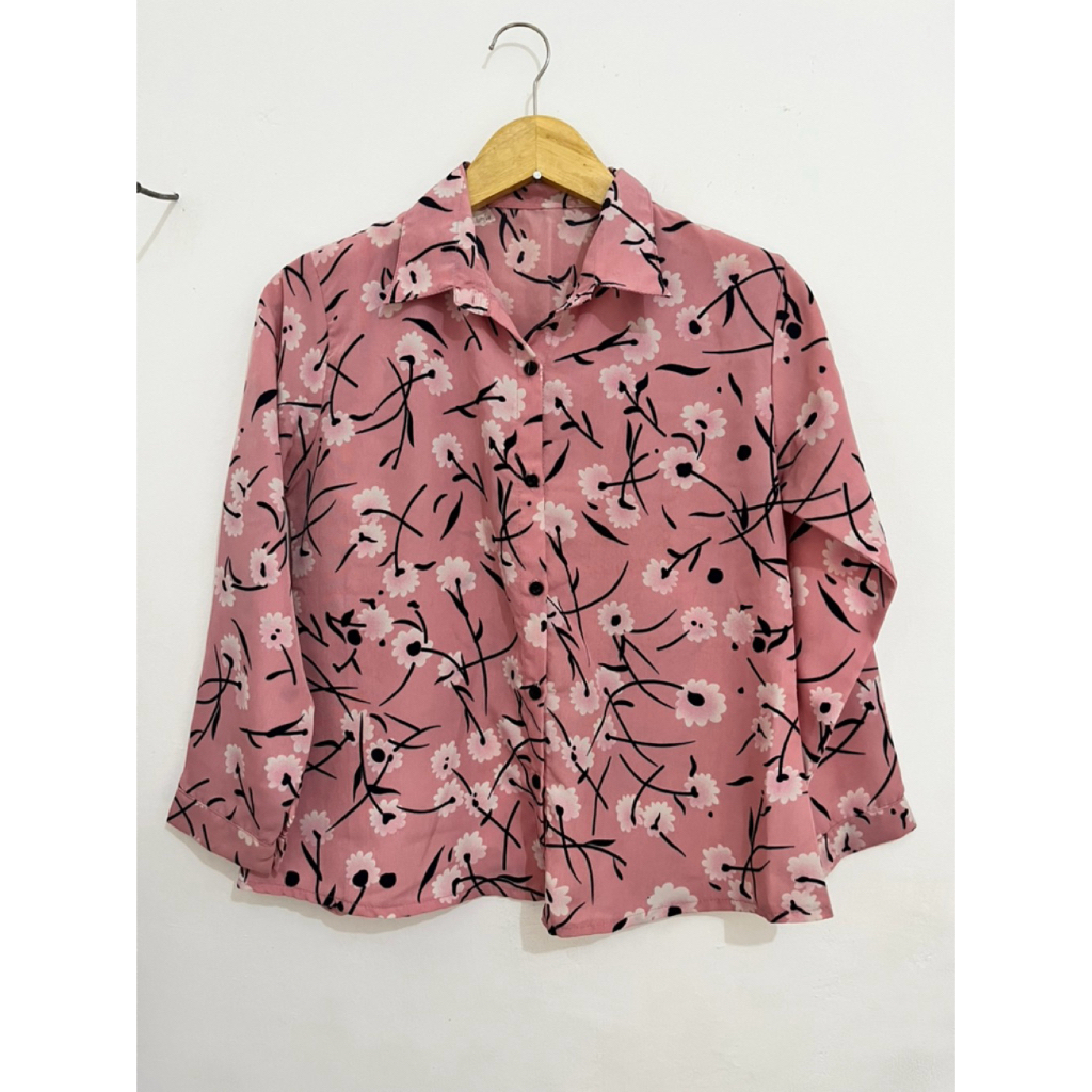 baju kemeja wanita motif bunga pink