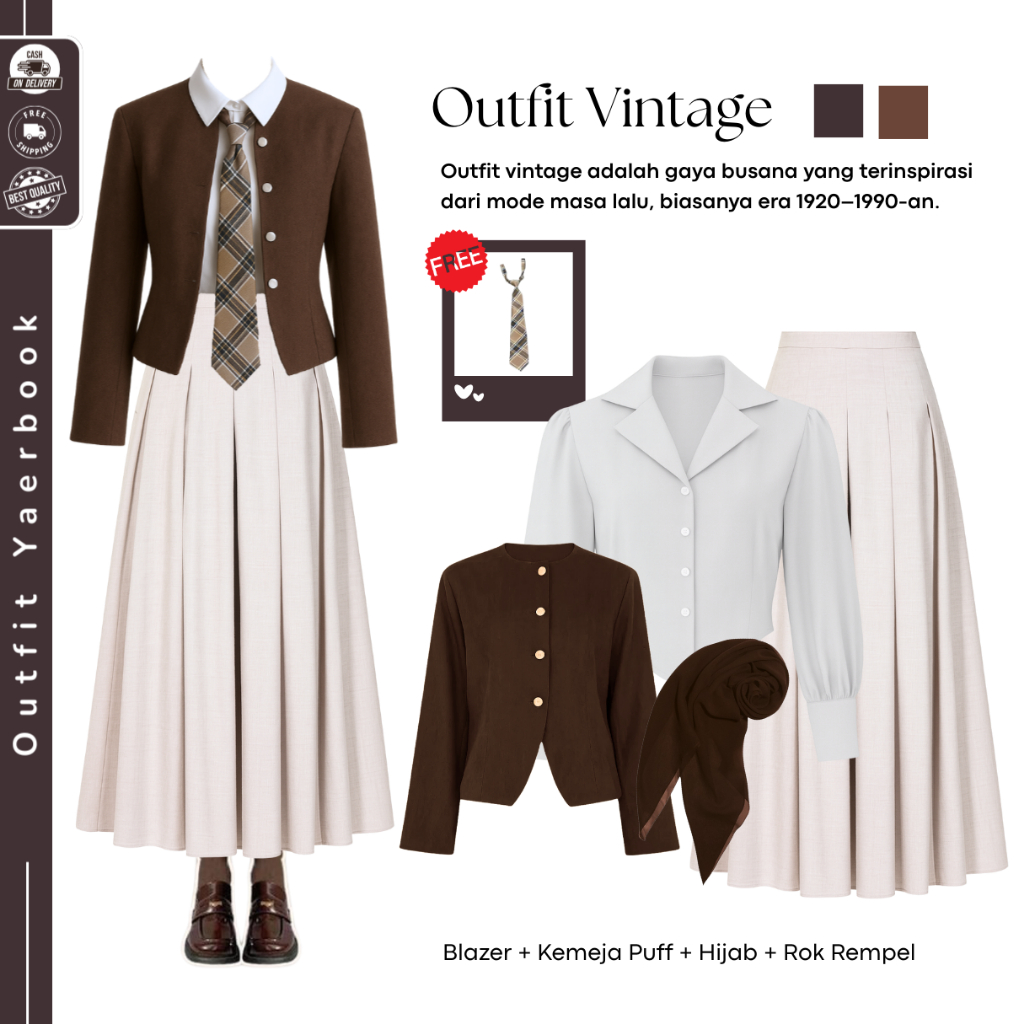 Oneset Yearbook Viral  (Blazer + Kemeja Puff + Rok Rempel) Outfit 1 Set Yearbook Vintage - FO58
