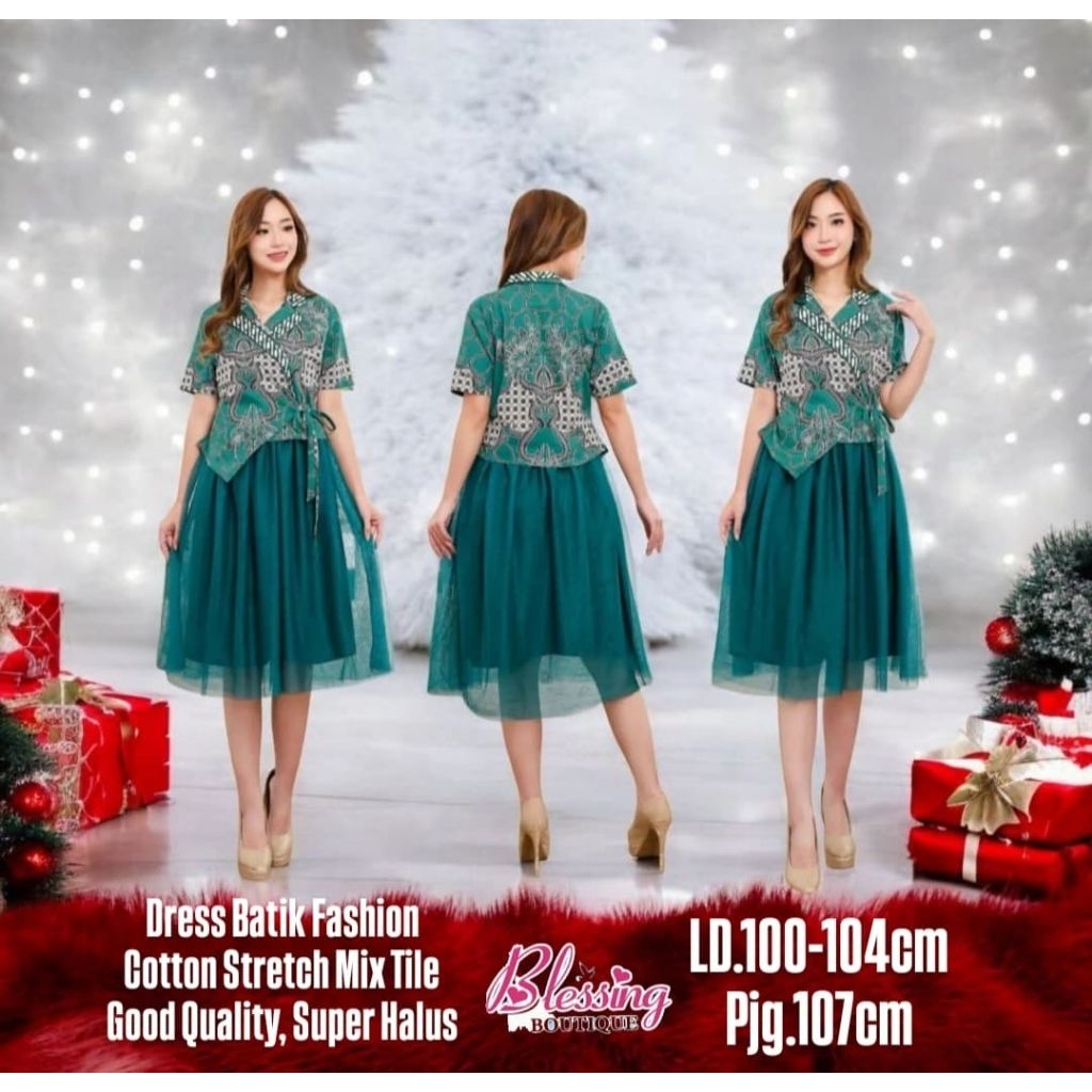 Dress batik wanita modern terbaru gaun batik pesta natal Imlek terbaru