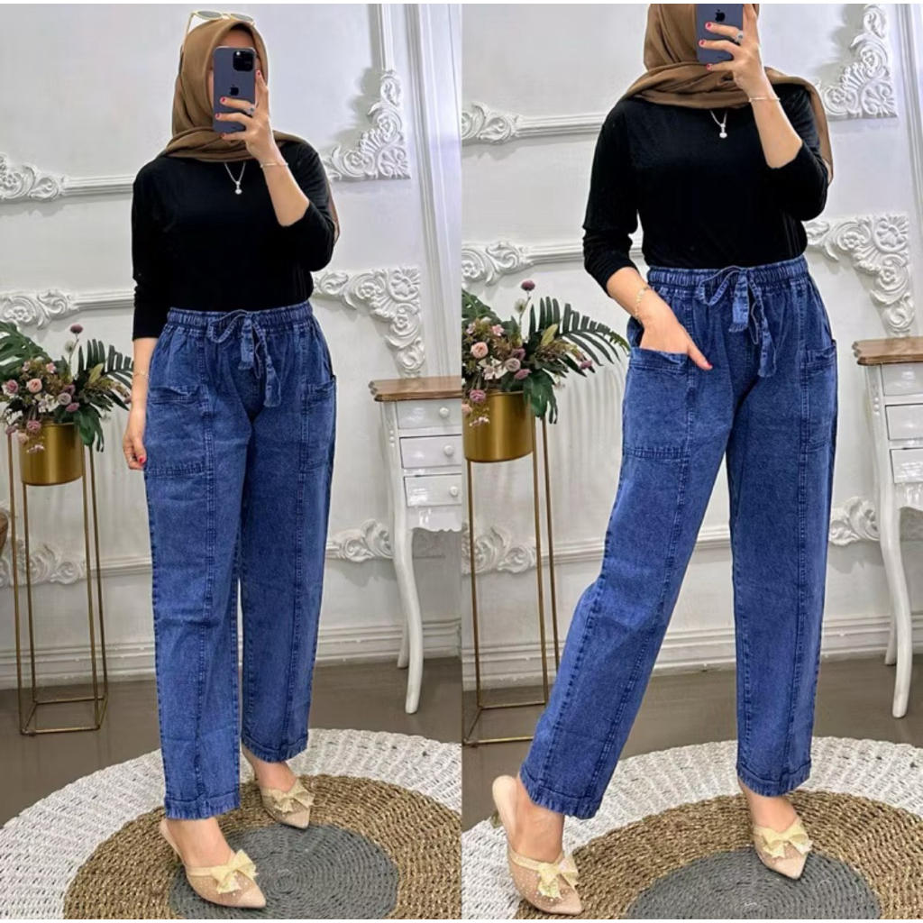BW | Celana Baggy Wanita Terbaru Kulot Jeans Saku Depan Pinggang Karet