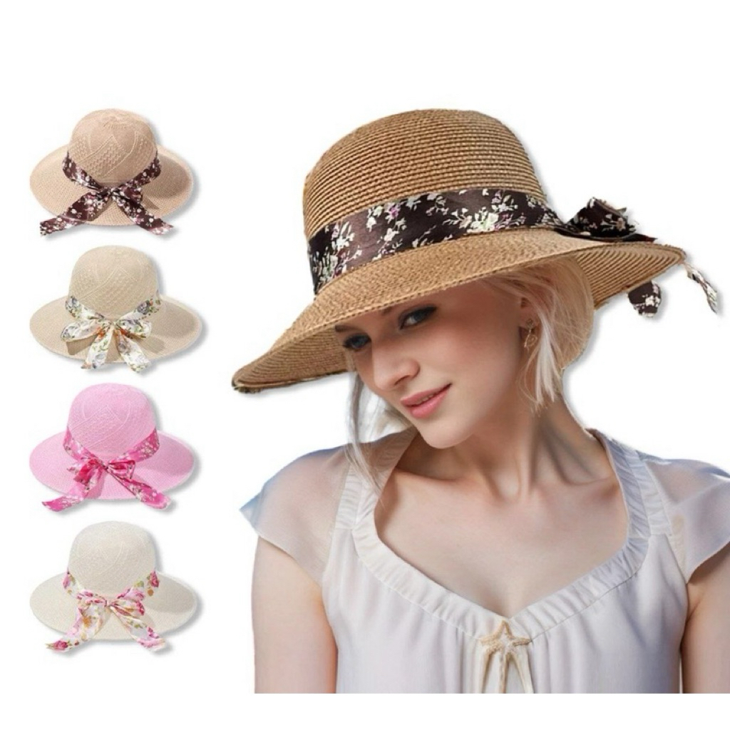 Topi pantai cewek bucket rumbia topi pantai dewasa pelindung sinar matahari kekinian