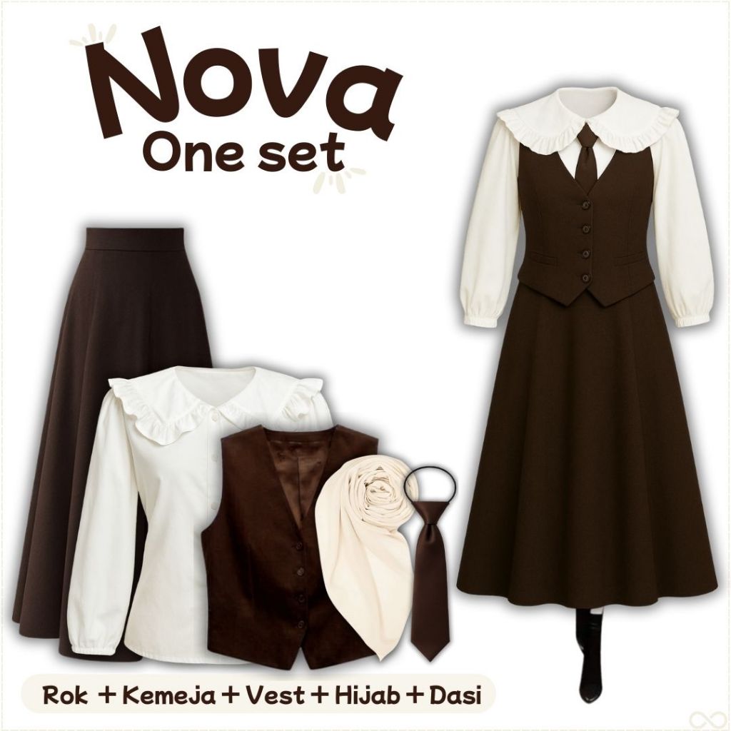 Nova One Set Vintage Enola Holmes (Kemeja Katun Putih,Rok,Vest coklat,dasi,Hijab) Dark Academia-FS84