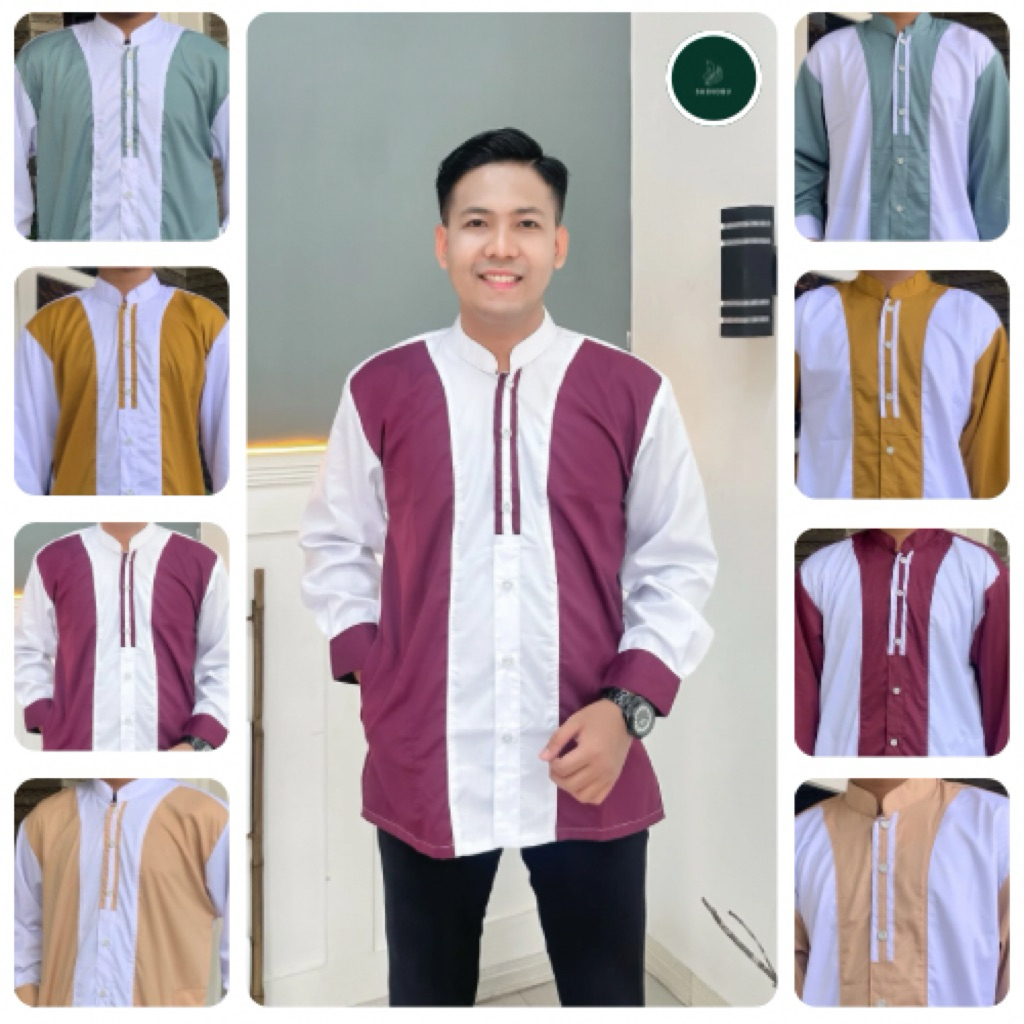 Baju Koko Putih Terbaru Lengan Panjang Atasan Pria Muslim Dewasa Motif Rompi Premium
