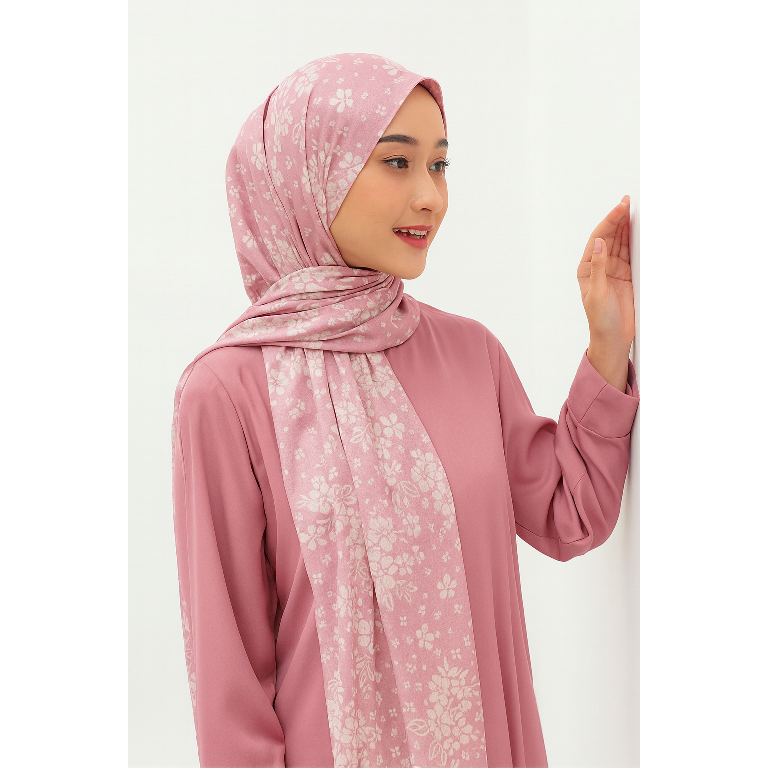 Pasmina Motif Bunga Pink Premium | Pashmina Rayon Adem | Hijab Panjang Flowly Anti Licin