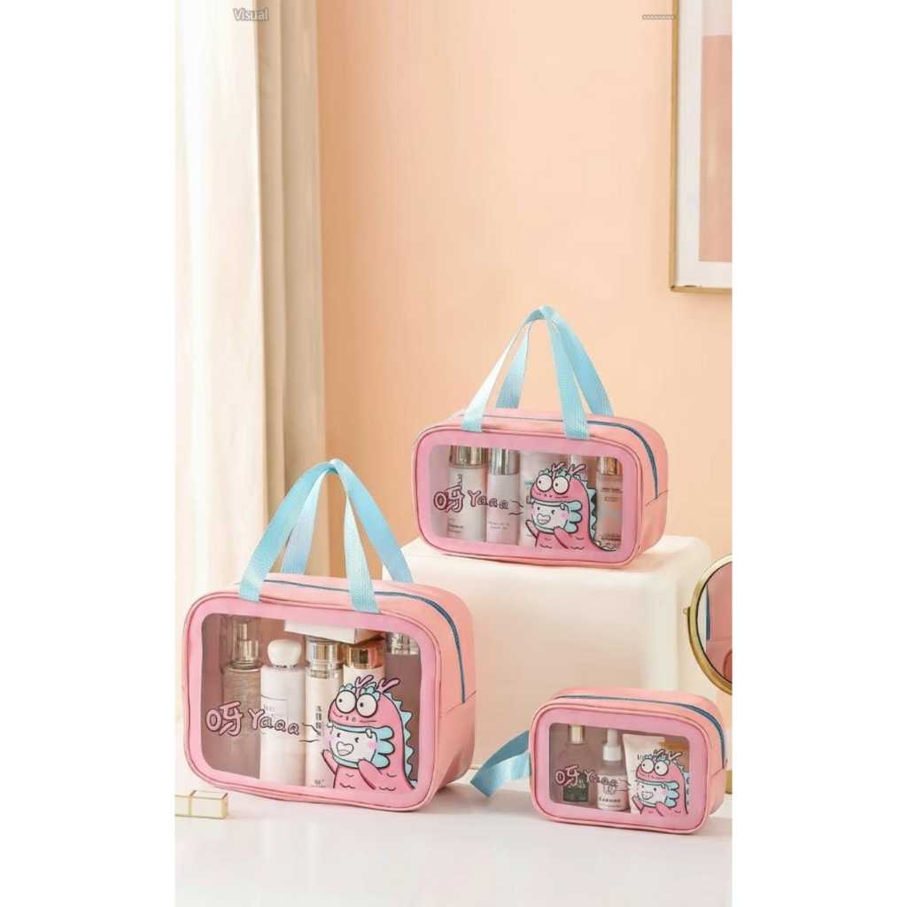 Tas Kosmetik Travel - Transparan Waterproof, Motif Kartun Lucu, Make Up Pouch Besar Sedang Kecil