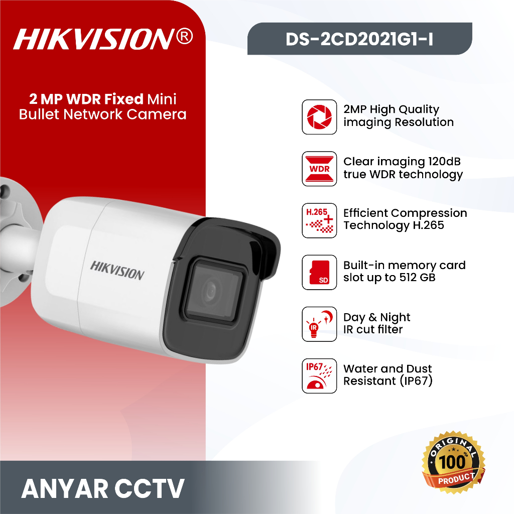 NEW IP HIKVISION 1080P DS-2CD2021G1-I / H.265+ EXIR - LENSA 4.0mm