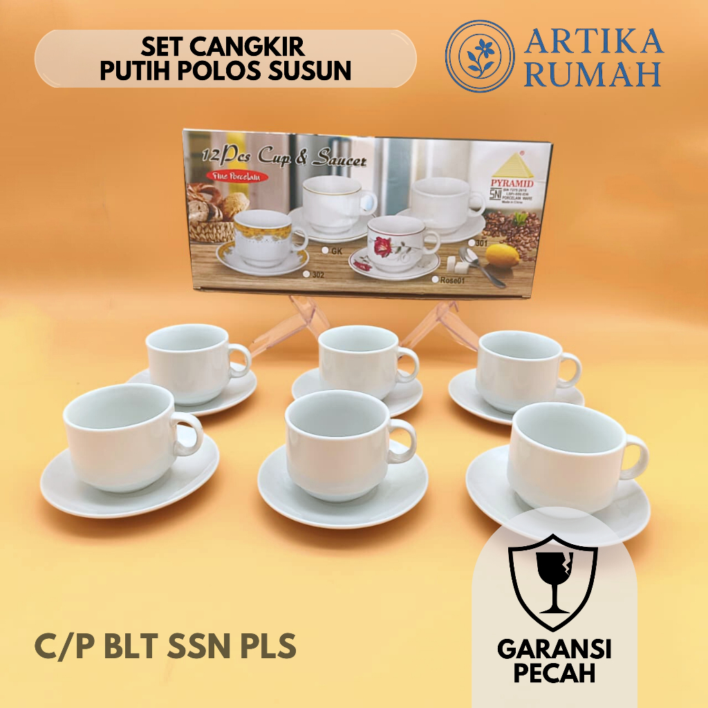 Artika Rumah Set Cangkir & Tatakan Gelas Keramik Porcelain Cangkir Hotel Susun Putih Polos