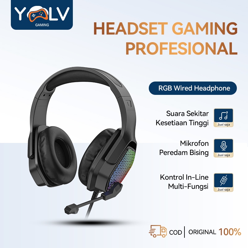 YLV Headset Gaming Profesional RGB HIFI 9D Headphone Jack 3.5mm With Microfon Noise Cancellation
