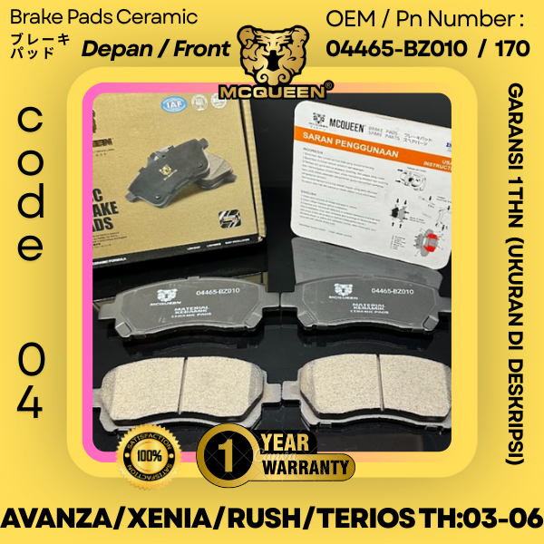 BRAKE PADS CERAMIC (FRONT)  AVANZA/XENIA/RUSH/TERIOS TH:03-06 OEM 04465-BZ010 (oem aftermarket); 044