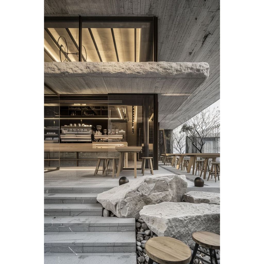 Desain Interior Cafe Luxury Modern Brutalism Mix Stone BALI