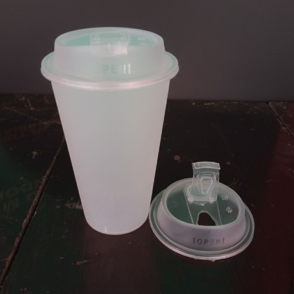 (isi 25pcs) CUP Gelas PP Injection 16 Oz Bening/frosted/Oval 500ml + Tutup Leakproof Flip Lid bening