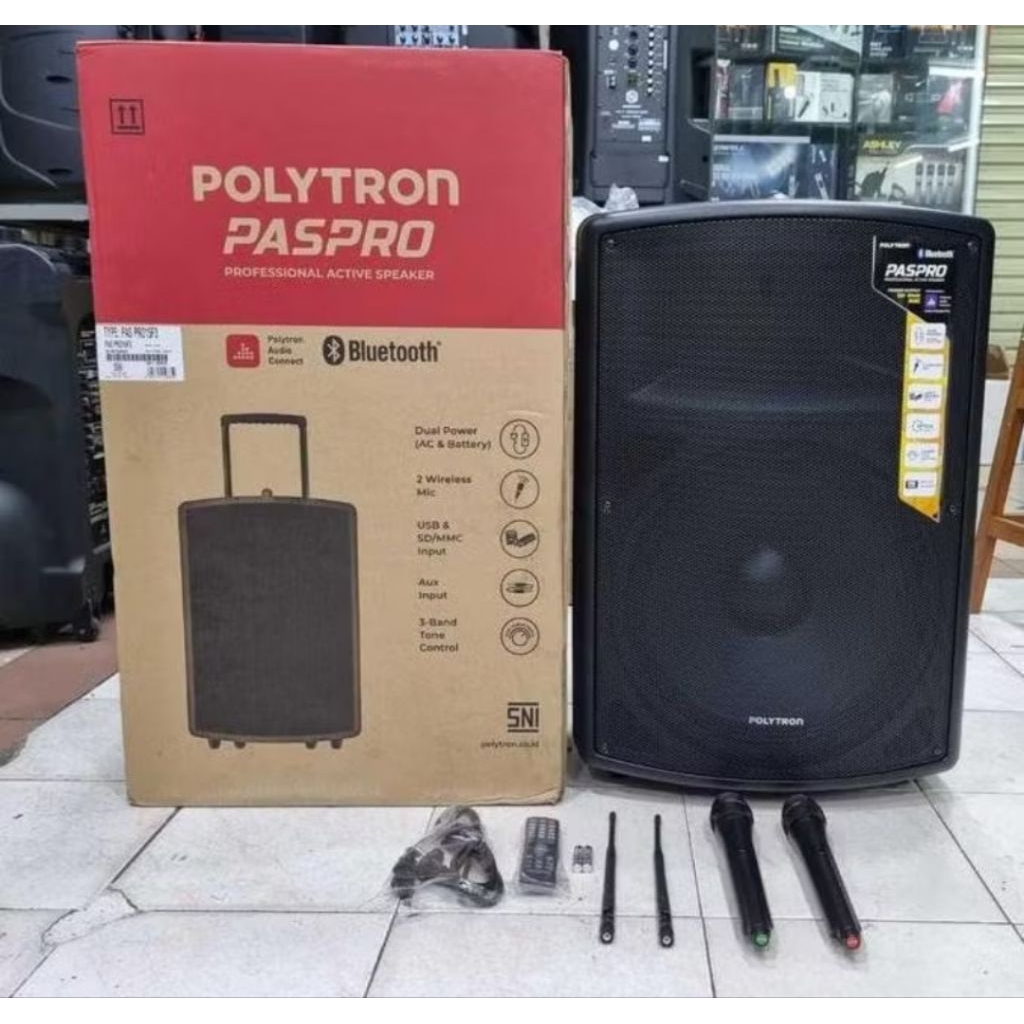 Polytron professional speaker portable bluetooth karaoke 15 inci pas pro15f3 pro 15f3 15 inch 2 mic 