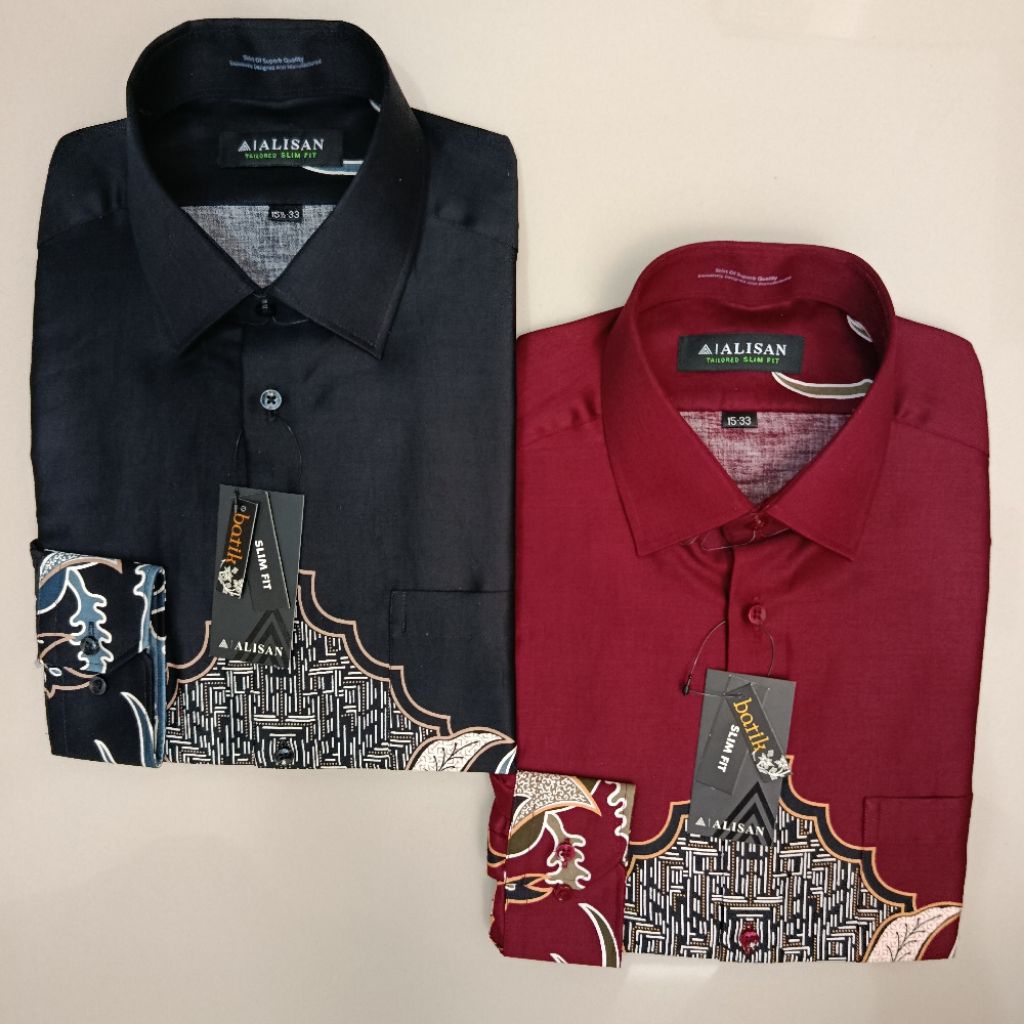 LENGAN PANJANG Alisan Batik Pria Motif Daun Anyam Slimfit Hitam/Maroon