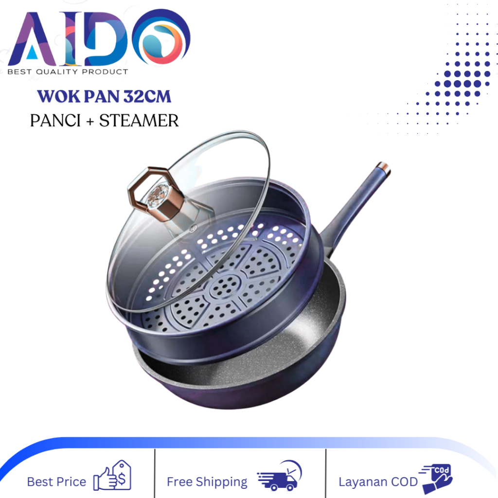 Wajan Batu Medis dengan Steamer 32CM Anti Lengket Hijau Premium Panci Kukus Wok Pan 32CM