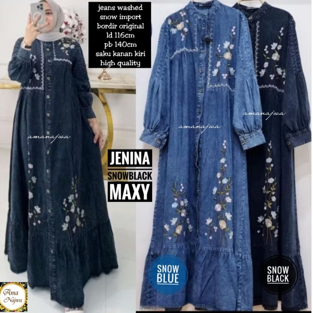 Gamis dress wanita JENINA MAXY bahan jeans washed snow import,bordir original,ld 116cm