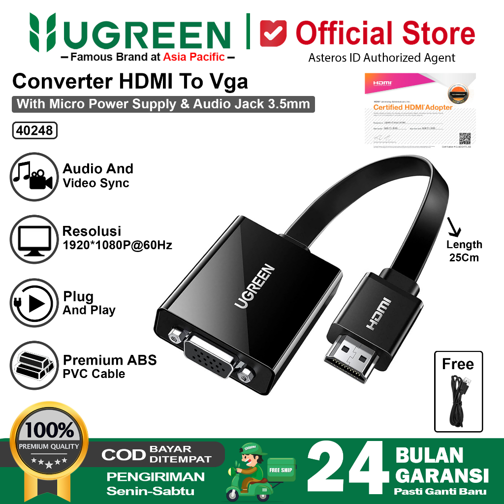UGREEN Kabel Converter HDMI To VGA Female 1080P For PC Laptop TV Proyektor 40248