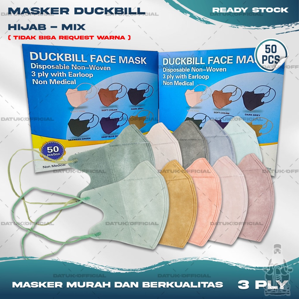 Masker Duckbil Hijab FACEMASK 3Ply isi 50Pcs Warna Mix Soft Nude Duckbill 3 Ply Headloop Surgical Ma