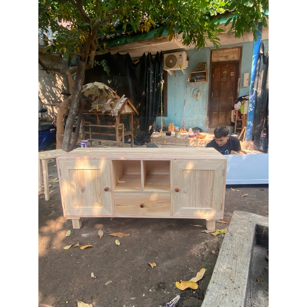 Meja TV Kayu Solid Asli – Rak TV Minimalis Modern Bahan Mahoni