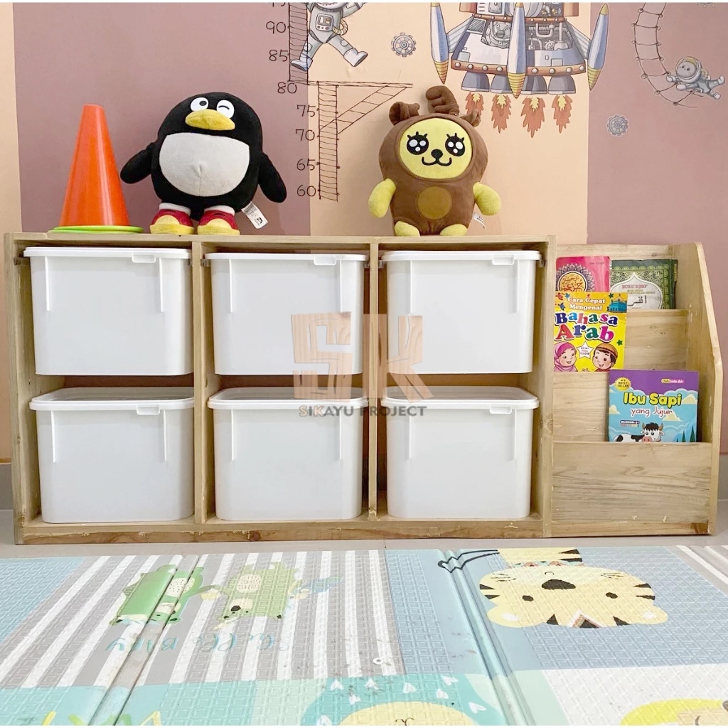 Rak Mainan Anak Minimalis 6 Box + Rak Buku Samping - Rak Buku Trofast Minimalis Kayu Jati Anak Serba