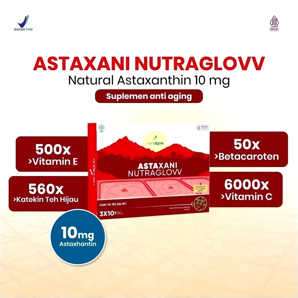Astaxani Nutraglow Astaxanthin 10 Mg HALAL & BPOM 30 Kapsul Suplemen Kecantikan Dari Superfood Natur