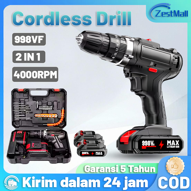 Impact Cordless Drill 2 in 1 Mesin Bor Baterai impact drill 998V Cordless Electric Drill Impact Cord