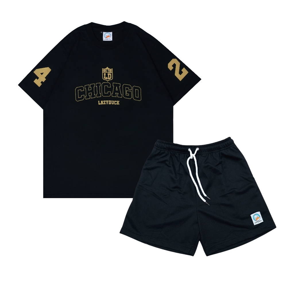 BUNDLING LAZYDUCK KAOS DAN CELANA PENDEK PRIA WANITA CHICAGO BULLS GOLD