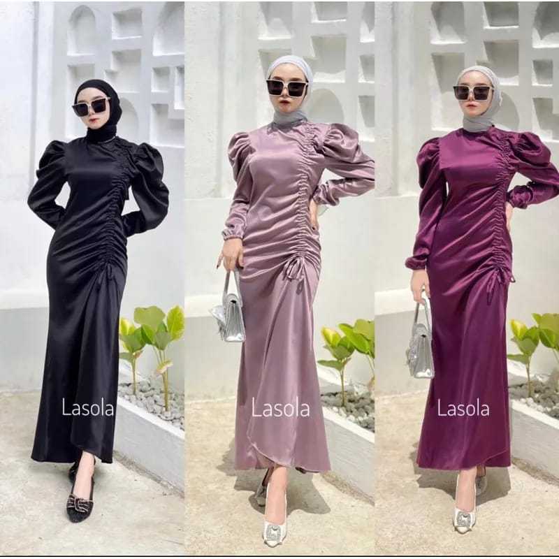 Gamis Serut Mimosa Dress Silk Gamis polosan Gamis wanita dewasa kekinian By boutique mahogani