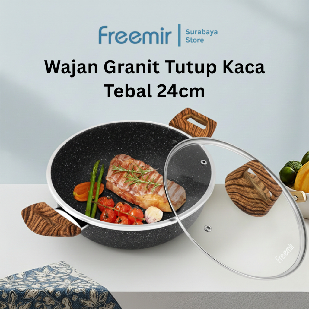 [Rekomendasi] freemir Wajan Kuali Tutup Kaca Gagang Kayu Teflon Granit 24cm Anti Lengket Multifungsi