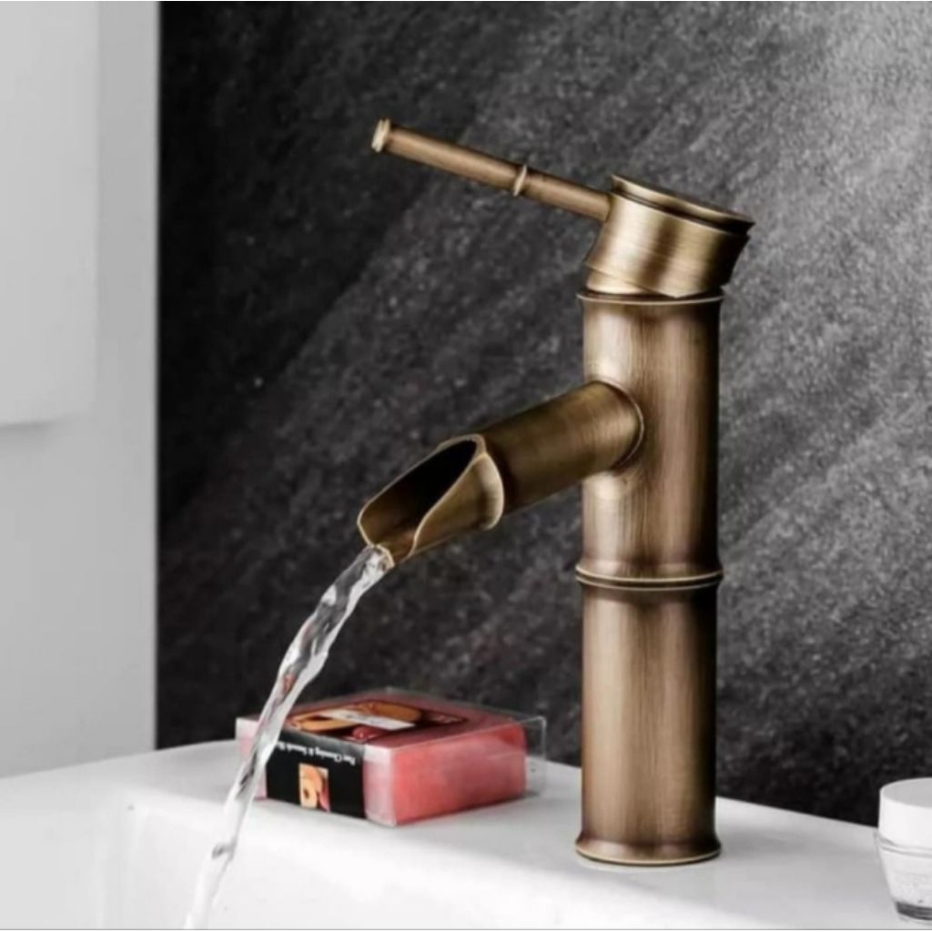 Kran wastafel cuci tangan model bambu tinggi 25cm, kran wastafel mixer antik