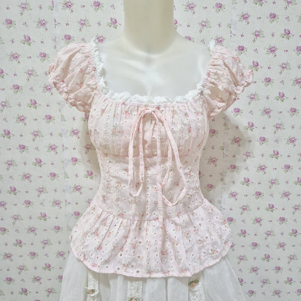 pink milkmaid top lace vintage sawako shoujo bow ribbon feminim aesthetic lolita dollette babydoll p