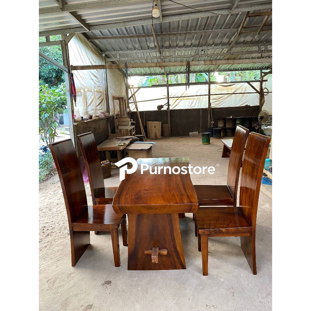 Satu Set Meja Makan Kayu Trembesi Kayu Solid | 4 KURSI PANEL | Trembesi | Kayu Trembesi | Meja Makan