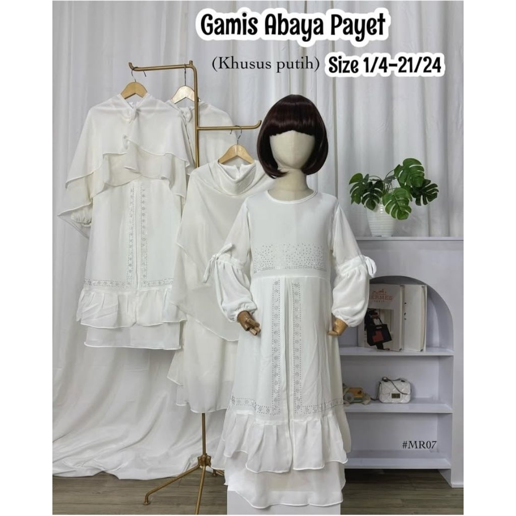 GAMIS ANAK ABAYA PAYET PUTIH PREMIUM FREE HIJAB