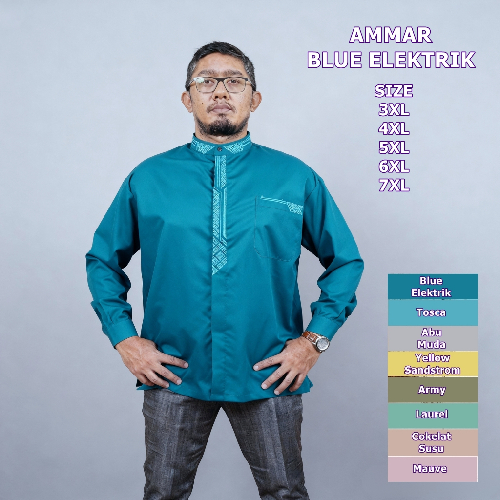 Baju Koko Ammar Jumbo Lengan Pendek Bordir Modern terbaru Ukuran 3XL 4XL 5XL 6XL 7XL Ammar Biru Elek