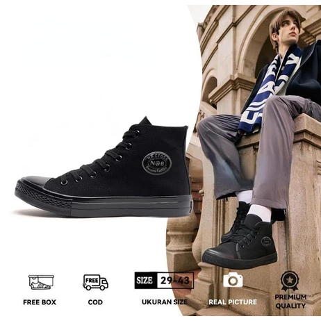 NBCROSS Sepatu Sneakers Pria Wanita Kekinian Korea Casual | Sepatu Cowok Sekolah Hitam Polos Kanvas