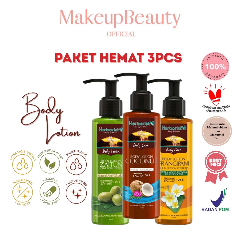 [PAKET 3PCS] HERBORIST Body Lotion - Zaitun | Coconut | Frangipani Whitening UV Filter Herborist 145