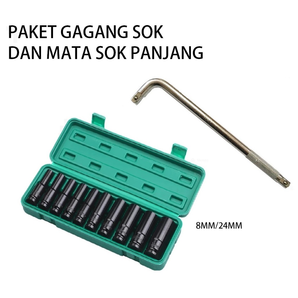 10Pcs Mata Socket 1/2‘’ 8-24mm bonus gagang sok l Impact Kunci Socket/Kunci shock Impact socket set/