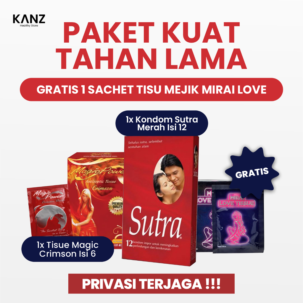 KONDOM SUTRA Merah Isi 12 +  Tisu Magic Crimson + BONUS Mirai Love - Durasi Intim Privasi Aman