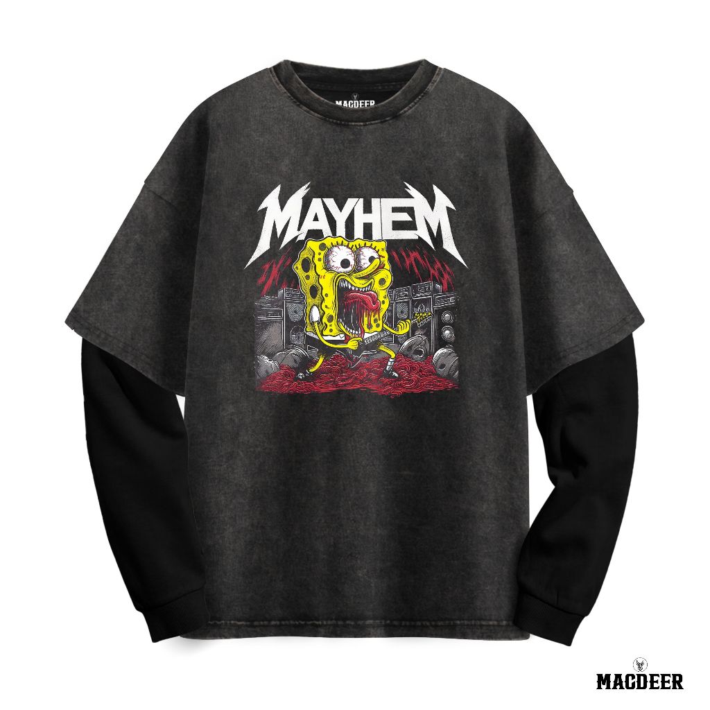 MACDEER Kaos Oversize Lengan Panjang Washed Double Layer Premium Tshirt Spongebob Mayhem